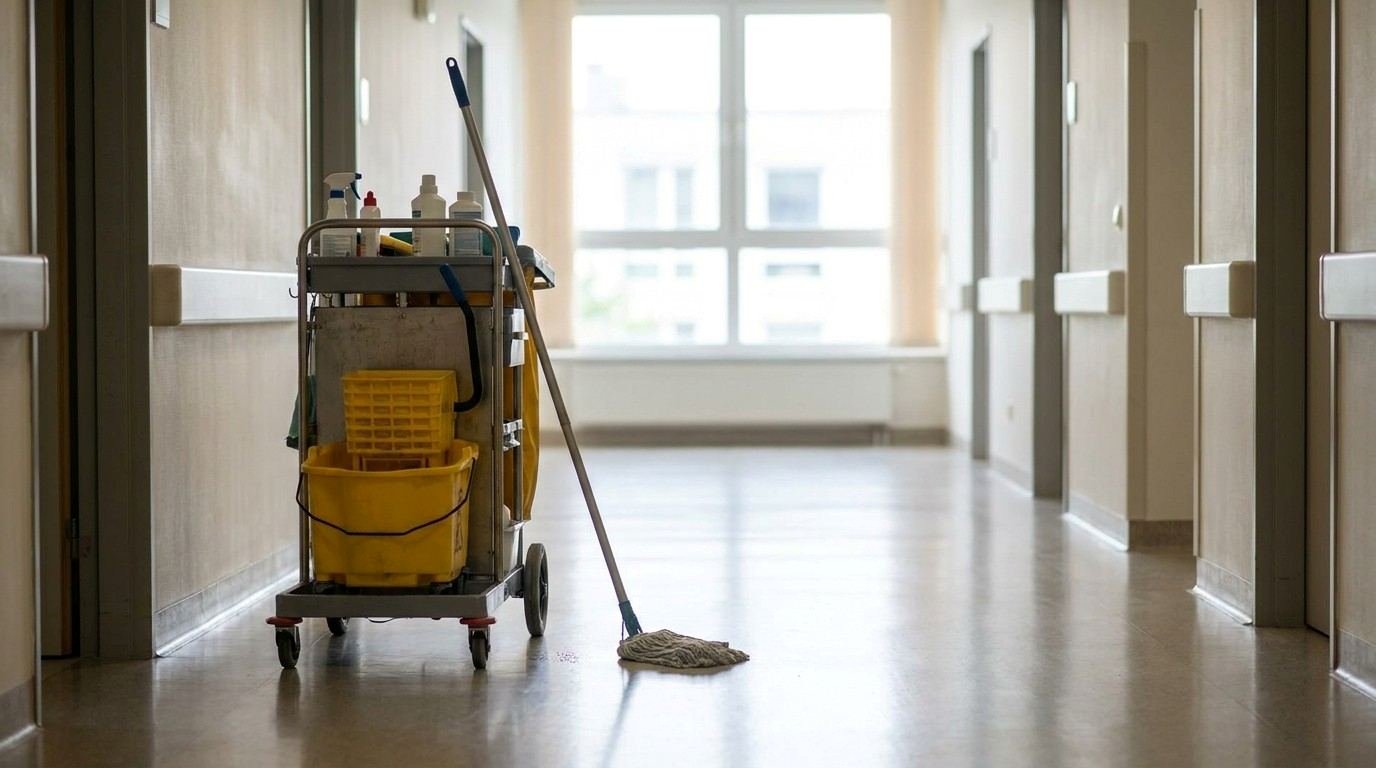 Pasillo de un hospital con un carro de aseo y un trapero, sin personas