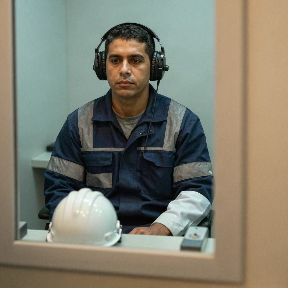 Trabajador sentado en una cabina para audiometría con auriculares