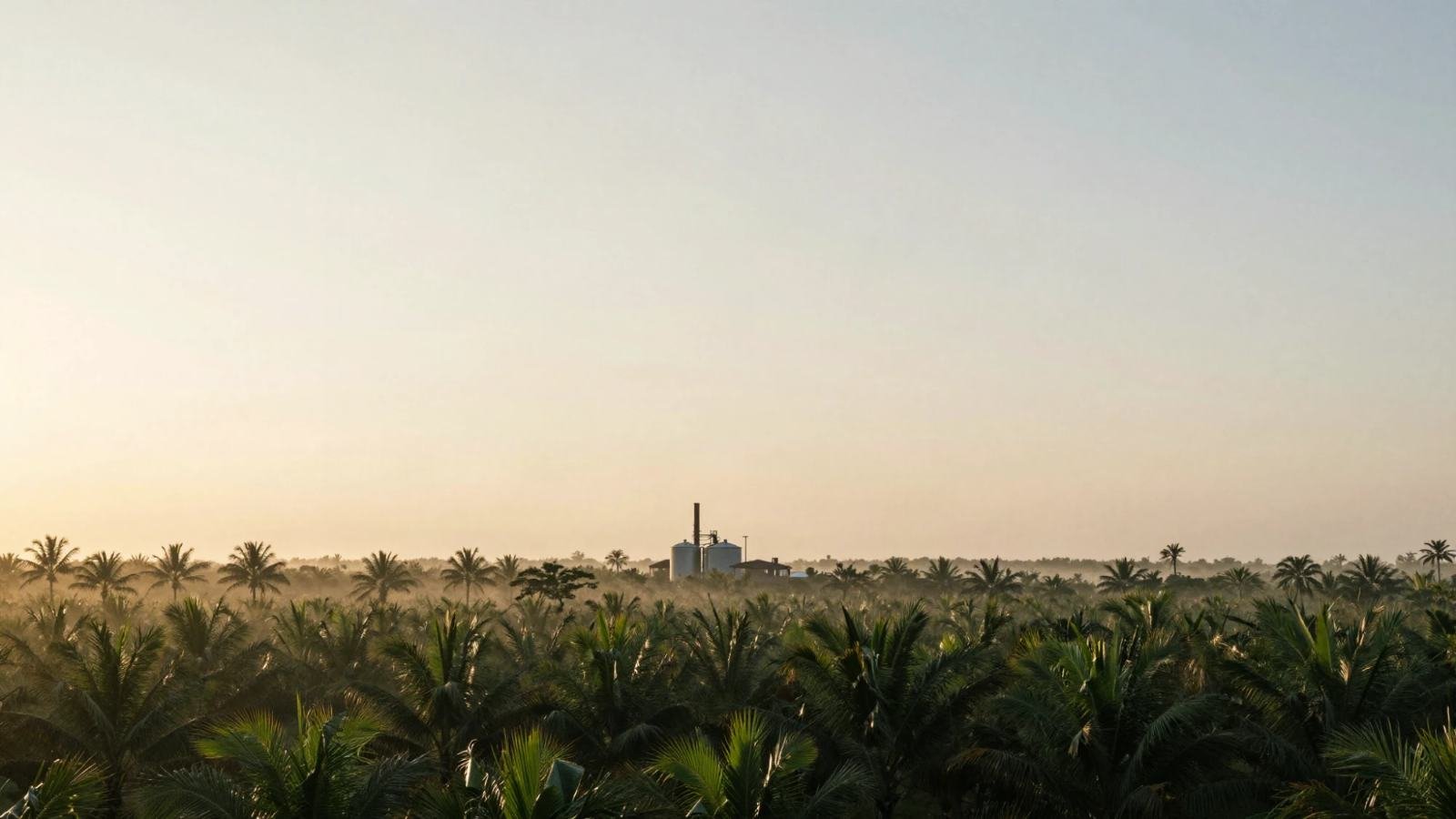 Planta extractora de aceite entre cultivos de palma al amanecer