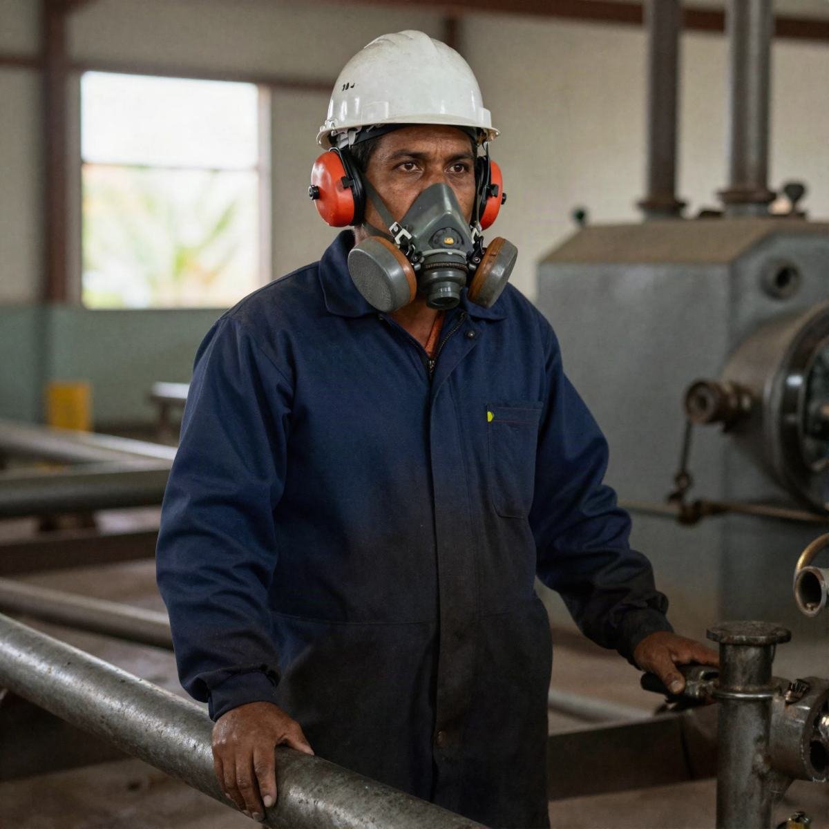 Trabajador con casco, orejeras y respirador de media cara frente a maquinaria